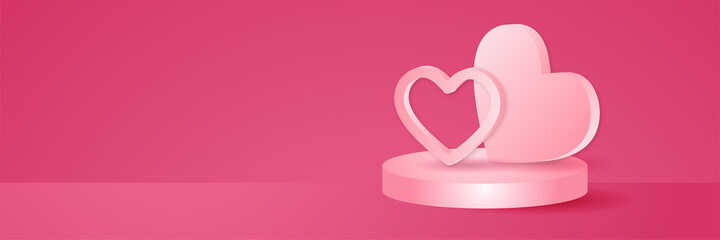 Stage podium decorated with heart shape lighting. Pedestal scene with for product, advertising, show, award ceremony, on pink background. Valentine's day background. Minimal style. Vector illustration