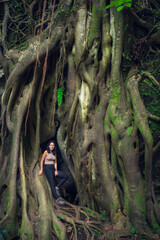 Young woman posing on a giant root tree in the tropical forest. Young woman in green wet forest on sunny day. Sustainable tourism concept. Amatlán, Mexico.