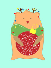 New Year vector illustration on a blue background hamster with a large red Christmas ball with snowflakes with a garland