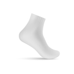 White ankle length sock realistic vector mockup. Ribbed sport sock 3d illustration, isolated on white background.