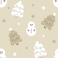 Snowman, spruce and stars on a beige background. Christmas seamless pattern.