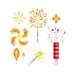 Bengal fire and fireworks icons. Design of a congratulatory holiday card. Vector icon set. Pixel art style. Isolated illustration