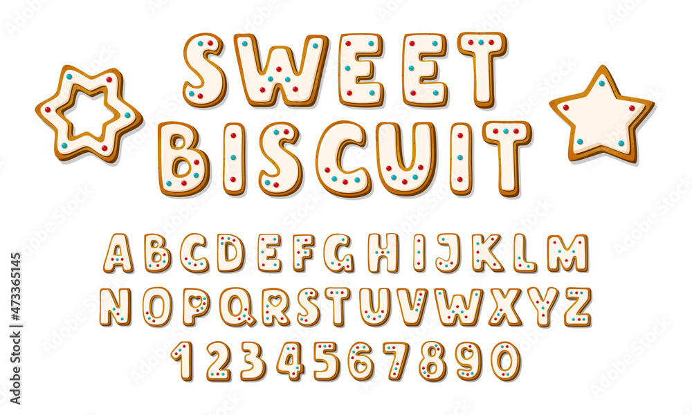 Fototapete sweet biscuit font and gingerbread cookie alphabet. glazed crackers in shape of letters and numbers,