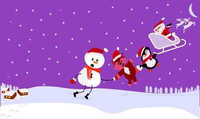 santa, snowman, fox and penguin wishes everyone a happy new year. greeting card, poster, illustration, vector, gift, decoration