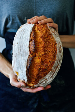 Woman is holding a large loaf of sourdough bread in her hands