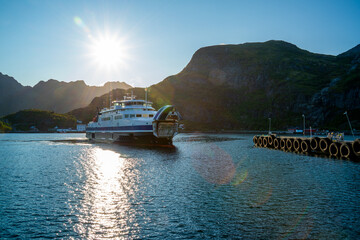 Ferry entering the harbor of Moskenes, Lofoten islands, Norway

