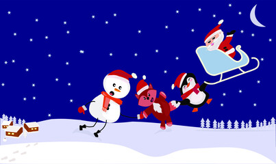 santa, snowman, fox and penguin wishes everyone a happy new year. greeting card, poster, illustration, vector, gift, decoration. christmas night