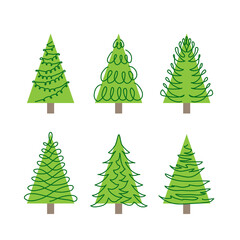 Doodle vector pine trees set. One continuous line drawing art. Simple green Christmas trees, pine trees, fir set