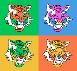 Pop art tiger head set. One continuous line art drawing of the tiger. Vector colorful bright illustration, poster, print. Chinese new year 2022 background in pop art style