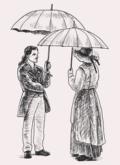 Hand drawing of couple people in retro costumes standing under umbrellas and conversing
