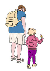 Hand drawing of mother with her little child walking outdoors on summer day
