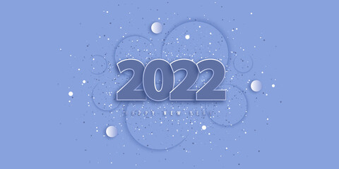Happy new year 2022. Festive blue background with 3D numbers and confetti. Banner with circles. Year of the water tiger. Vector illustration in realistic style. Design poster, wallpaper. Stock.