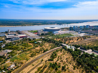 Volgograd, Russia. Aerial view of the statue "The Motherland calls" after restoration on the top of The Mamaev Hill