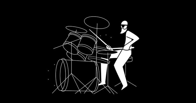 Musician plays drums. Jungle drummer.  2d, animation, cartoon, illustration, clip art, vector. Web banner in black and white. Alpha channel.