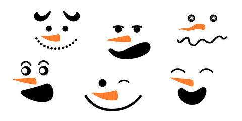 Set of funny snowman faces. Vector snowman illustration. Faces with different emotions. Head Face with Different Emotions Set. Winter Holidays, Christmas and New Year Design