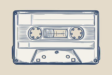 Hand drawn monochrome music audio cassette
