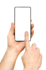 male hands press on touch screen smartphone on isolated white background