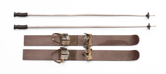old wooden skis isolated on white background