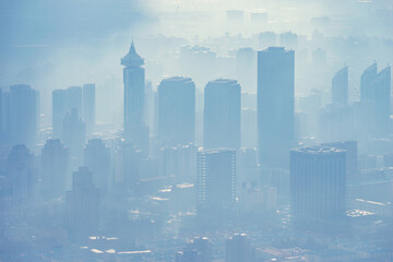 Dusty and dirty air above the city center at morning time. Shanghai. China.
