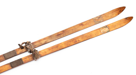 old wooden skis isolated on white background