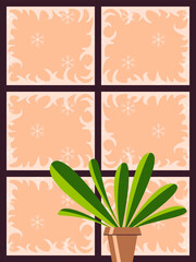 Vector graphics - a rectangular window with a frame and frosty patterns on the glass and a potted houseplant on the windowsill. Concept - winter and a postcard with space to copy