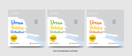 Travel and vacation square social media banner post template with brushstroke. Travel agency ads banner. Modern travel social media