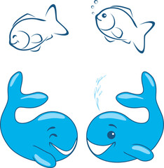 Happy funny whales and fish