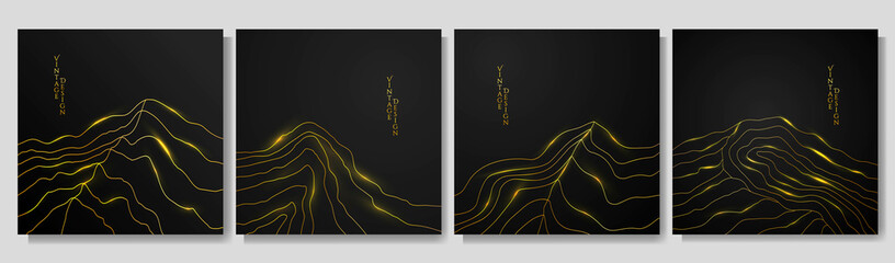Vector illustration. Decorative contemporary art. Retro graphic. Luxury concept. Drawn golden line with light sparkle on black background. Design elements for web banner, social media template. 