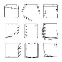 Set Black Collection Simple Line Notes Paper, Diary Doodle Outline Element Vector Design Style Sketch Isolated Illustration Planner, Sticky