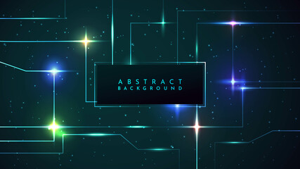 Vector illustration. Modern Art graphic. Luminous dynamic geometric background. Cyber tech. Light flares effect. Glowing streaks on dark background. Element for web banner, website template, wallpaper