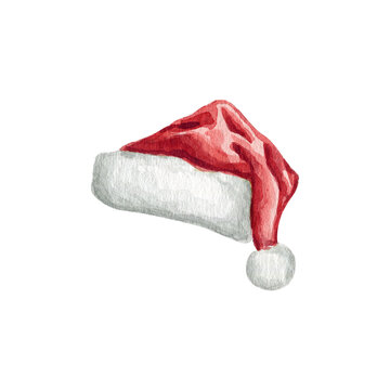 Watercolor Christmas Santa Claus hat and bag hand drawn clipart