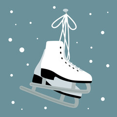 Card with white skates hanging on a hook. Winter sport.