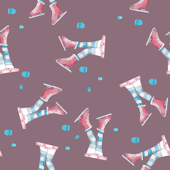 watercolor illustration seamless pattern legs of a girl in striped socks and pink skates on a blue snowy background,for wallpaper or fabric