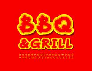 Vector bright flyer BBQ and Grill with set of Sticker style Alphabet Letters and Numbers. Handwritten trendy Font