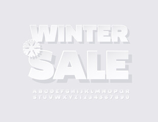Vector seasonal promo Winter Sale with Decorative Snowflake. White Sticker Font. Creative paper Alphabet Letters and Numbers set