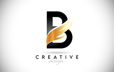 Wing Letter B Logo with Golden Elegant Design. B letter Swoosh Icon Vector