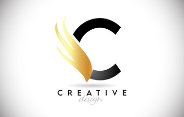 Wing Letter C Logo with Golden Elegant Design. C letter Swoosh Icon Vector