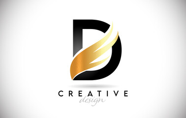 Wing Letter D Logo with Golden Elegant Design. D letter Swoosh Icon Vector
