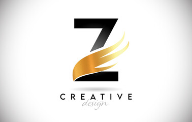 Wing Letter Z Logo with Golden Elegant Design. Z letter Swoosh Icon Vector