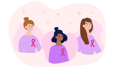 Breast Cancer Awareness Month concept. World Cancer Day in October. Different girls with pink support ribbon. Smiling female characters help to cope with disease. Cartoon flat vector illustration