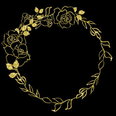 Golden glitter round wreath, Hand painted floral line art illustration, Frame with herbs, Circle border for wedding design, invitations, leaves and branches,  Isolated silhouette on black background