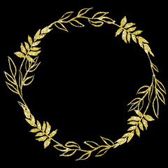 Golden glitter round wreath, Hand painted floral line art illustration, Frame with herbs, leaves and branches,  Isolated silhouette on black background, Circle border for wedding design, invitations
