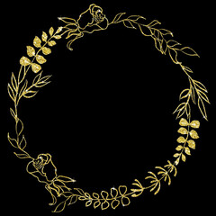 Frame with herbs, leaves and branches, Hand painted floral line art illustration, Golden glitter round wreath, Isolated silhouette on black background, Circle border for wedding design, invitations