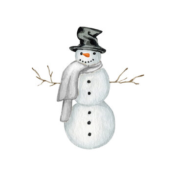 Watercolor hand drawn winter holiday snowman clipart