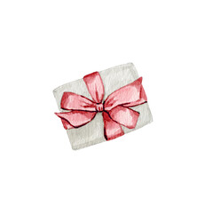 Watercolor holiday Christmas gift box with ribbon bow clipart.