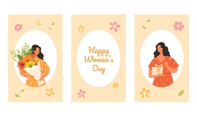 Happy Women Day concept. Colorful posters with smiling girls holding bouquet of flowers or gift box. Design elements for greeting card and cover. Cartoon flat vector set isolated on white background