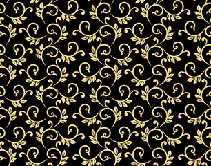 Flower pattern. Seamless gold and black ornament. Graphic vector background. Ornament for fabric, wallpaper, packaging