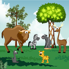 Cute animals and forest plants design elements. Vector illustration in design.