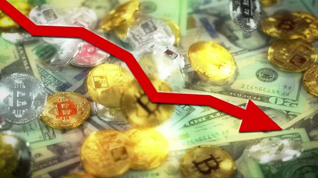 Gold and silver Bitcoins fall over US currency as a red arrow heads downward. Recession concept.	