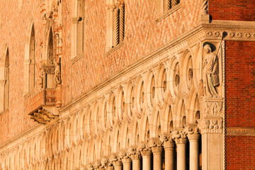 Facade of the Doge's Palace in sunrise, Venice, Veneto, Italy.